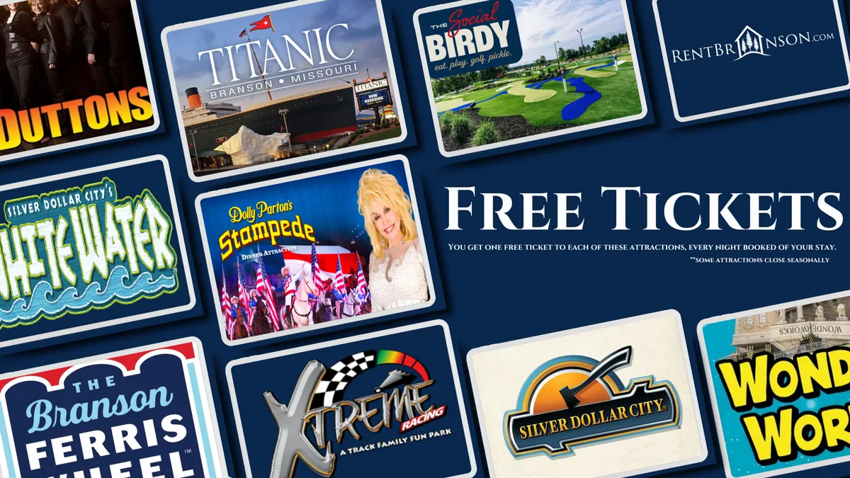 An engaging interior scene featuring various attraction logos and the prominent text 'FREE TICKETS,' evoking the excitement of nearby family-friendly destinations such as Silver Dollar City, the Aquarium at the Boardwalk, and Branson Landing.